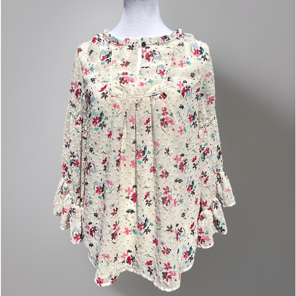 Matilda Jane What's Up Buttercup Floral Swiss Dot Flare Sleeve Ruffle Blouse Top